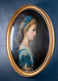 19th Century Oval Portrait Of A Girl In Blue. Oil on Canvas. - Harrington Antiques