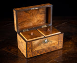 Walnut Parquetry, Brass & Mother Of Pearl Inlaid Tea Caddy, c.1880