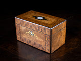 Walnut Parquetry, Brass & Mother Of Pearl Inlaid Tea Caddy, c.1880