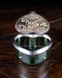 Large Silver & Green Glass Heart Box by Levi & Salaman, Birmingham, 1901. - Harrington Antiques