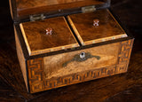 Walnut Parquetry, Brass & Mother Of Pearl Inlaid Tea Caddy, c.1880 - Harrington Antiques