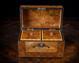 Walnut Parquetry, Brass & Mother Of Pearl Inlaid Tea Caddy, c.1880 - Harrington Antiques