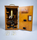 F. Koristka Milano Monocular Microscope (No. 30671) With Slides, Mahogany Case & Key. Circa. 1920. - Harrington Antiques