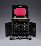 Fine Mother of Pearl & Abalone Ebonised Papier-Mache Jewellery Cabinet, c.1850. - Harrington Antiques