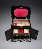 Fine Mother of Pearl & Abalone Ebonised Papier-Mache Jewellery Cabinet, c.1850. - Harrington Antiques