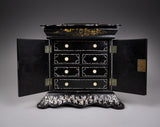 Fine Mother of Pearl & Abalone Ebonised Papier-Mache Jewellery Cabinet, c.1850. - Harrington Antiques