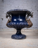 French Alfred Corneau Blue Enamel Cast Iron Urn With Griffin Handles - Harrington Antiques