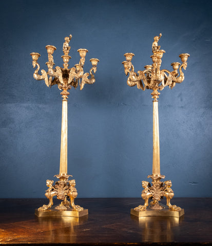 Large Pair Of Gilded Neoclassical Style 7-Branch Candelabra - Harrington Antiques