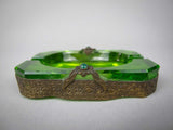 Near Pair of Czech Green Intaglio Dishes With Brass Filigree and Jewel Detail. - Harrington Antiques
