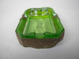 Near Pair of Czech Green Intaglio Dishes With Brass Filigree and Jewel Detail. - Harrington Antiques