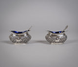 Pair Sterling Silver Salt Cellars & Matching Spoons by Joseph Gloster, Birmingham, 1905. - Harrington Antiques