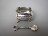 Sterling Silver Salt Cellar by Adie Brothers Ltd, Birmingham, 1934 & .925 Celtic Silver Spoon - Harrington Antiques