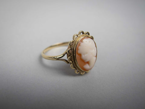 Vintage 9 Carat Gold Cameo Ring by RBS, Birmingham, 1982. Size S. - Harrington Antiques